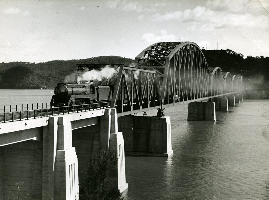 The_Newcastle_Flyer_on_Hawkesbury_River_Rail_Bridge - History of the Hawkesbury River